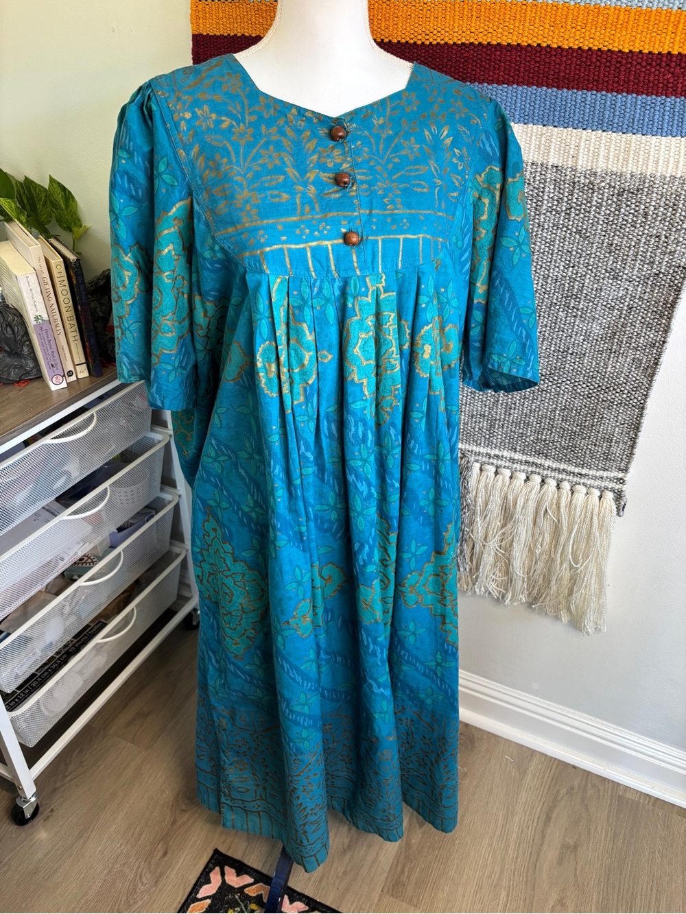 Vintage Teal Blue Floral Midi Dress with Wooden Buttons